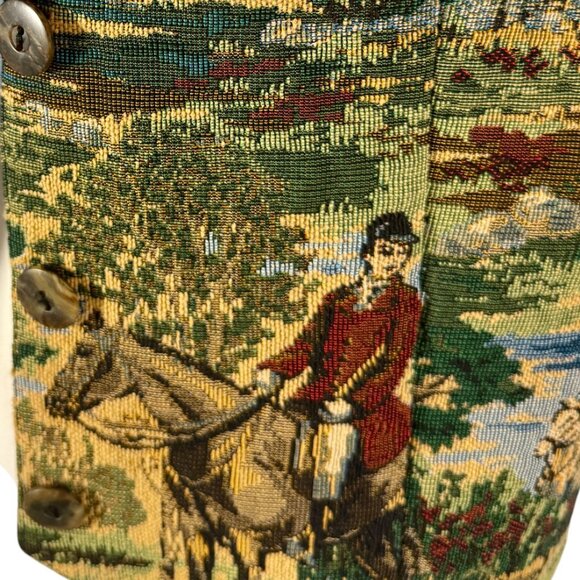 Vintage Western Fleur Bleue Tapestry Vest Equestrian Fox Hunt Scene Waistcoat - Picture 5 of 7